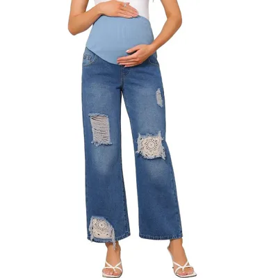 Target INSPIRE CHIC Women's Maternity Jeans Ripped Distressed Lace Patchwork Over the Belly Support Pregnancy Denim Pants Medium Blue
