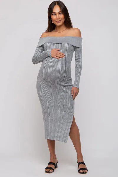 PinkBlush Grey Metallic Ribbed Side Slit Off Shoulder Maternity Midi Dress
