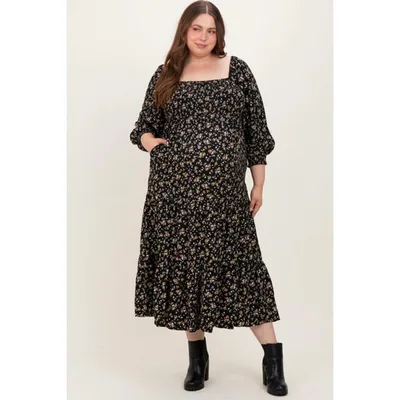 Target Pinkblush Black Floral Smocked Long Sleeve Maternity Plus Maxi Dress 2X