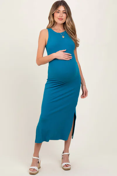 PinkBlush Teal Ribbed Maternity Side Slit Tank Dress