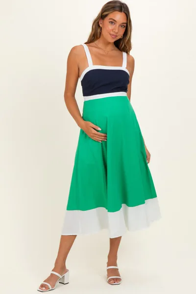 PinkBlush Navy Green Colorblock Sleeveless Maternity Midi Dress