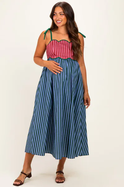 PinkBlush Blue Striped Colorblock Scallop Detail Maternity Midi Dress
