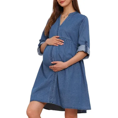 Target INSPIRE CHIC Women's Maternity Denim Dress Babydoll Long Sleeve Cotton Button Down Shirt Dresses Fall Small Blue