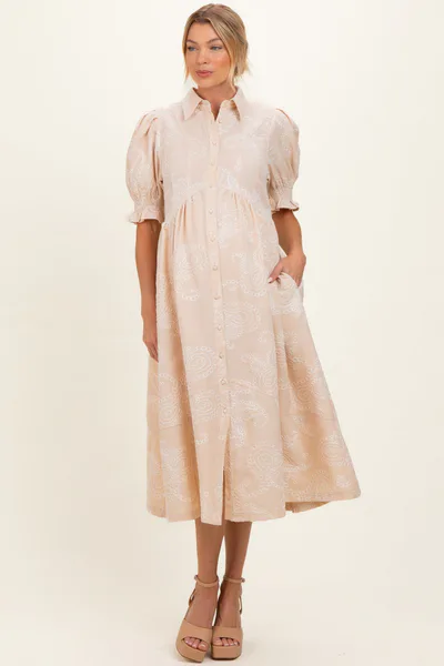 PinkBlush Stone Embroidered Maternity Midi Shirt Dress