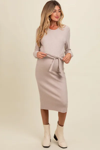 PinkBlush Beige Ribbed Sash Tie Maternity Midi Sweater Dress