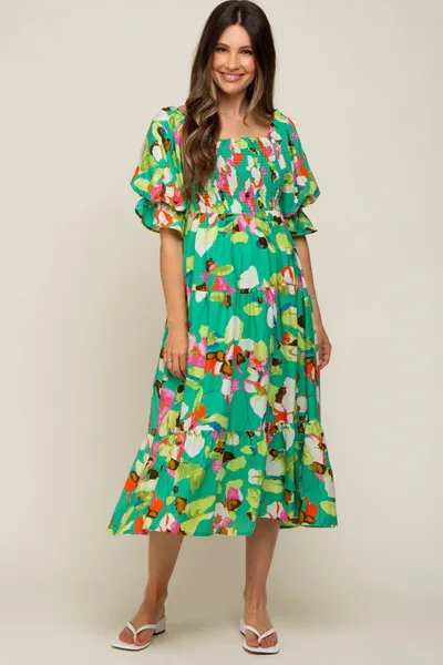 PinkBlush Green Floral Puff Sleeve Maternity Midi Dress