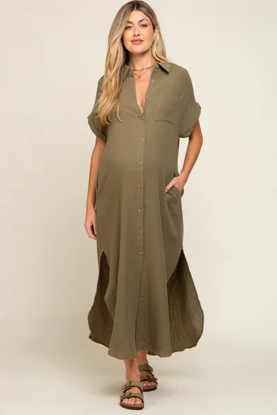 PinkBlush Olive Button Down Maternity Midi Dress