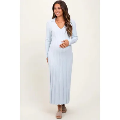 Target Pinkblush Light Blue Wide Ribbed Knit Collared Maternity Midi Dress Large
