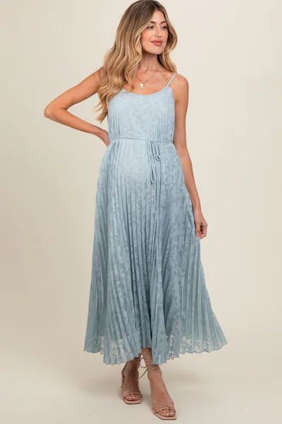 PinkBlush Light Blue Floral Pleated Maternity Maxi Dress