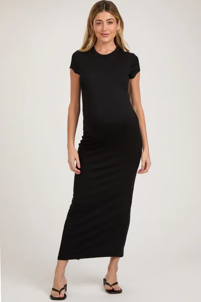 PinkBlush Black Fitted Short Sleeve Maternity Maxi Dress