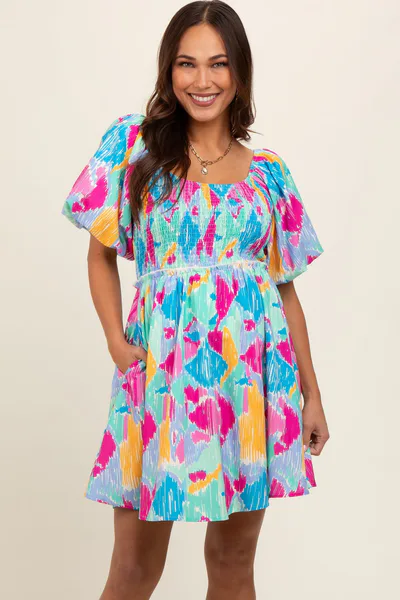 PinkBlush Mint Multi Color Print Smocked Maternity Dress