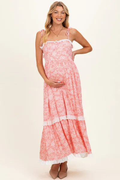 PinkBlush Candy Pink Floral Shoulder Tie Ruffle Detail Maternity Maxi Dress