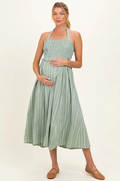 PinkBlush Eucalyptus Striped Smocked Halter Maternity Midi Dress
