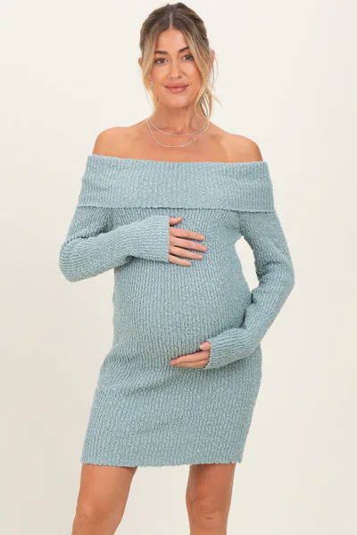 PinkBlush Light Blue Off The Shoulder Knit Sweater Maternity Mini Dress