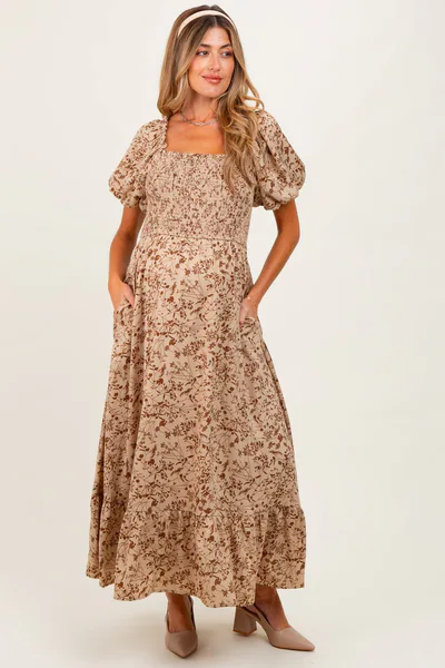 PinkBlush Mocha Leaf Print Smocked Square Neck Puff Sleeve Maternity Maxi Dress