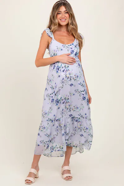 PinkBlush Lilac Floral Textured Open Back Tie Maternity Maxi Dress