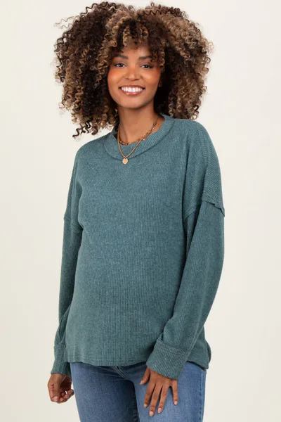 PinkBlush Light Olive Brushed Ribbed Knit Maternity Pullover
