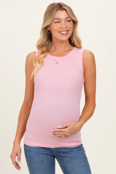 PinkBlush Light Pink Ribbed High Neck Maternity Tank Top