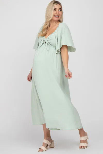 PinkBlush Mint Green Textured Dot Front Tie Ruffle Sleeve Maternity Midi Dress