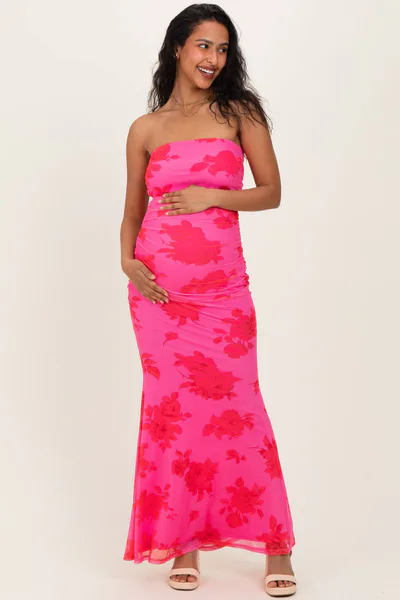 PinkBlush Fuchsia Floral Open Back Strapless Ruched Maternity Maxi Dress