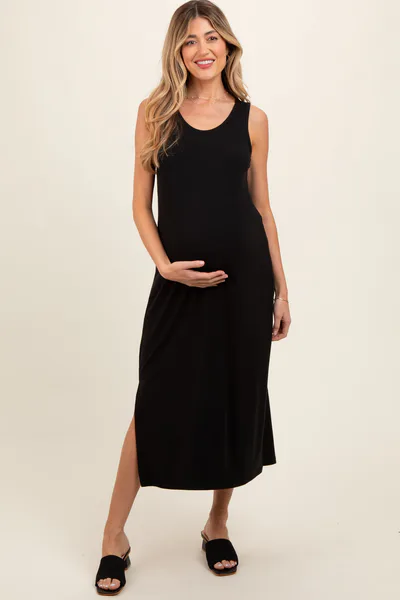 PinkBlush Black Ribbed Sleeveless Maternity Midi Dress