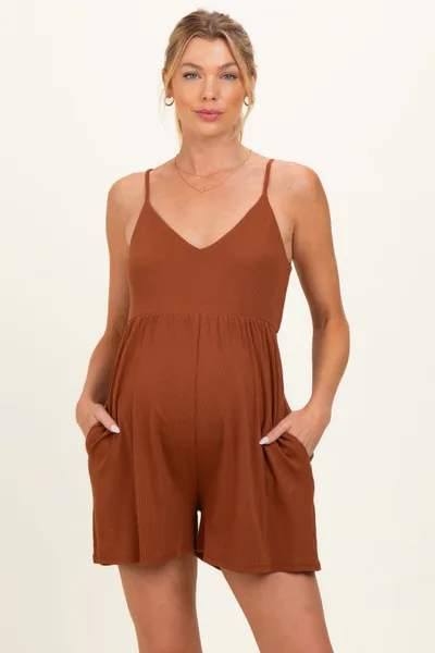 PinkBlush Brown Ribbed Knit Babydoll Maternity Romper