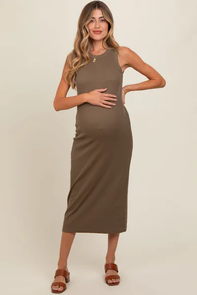 PinkBlush Olive Ribbed Knit Sleeveless Maternity Dress
