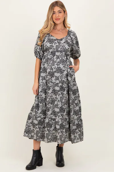 PinkBlush Black Floral V-Neck 3/4 Sleeve Maternity Midi Dress