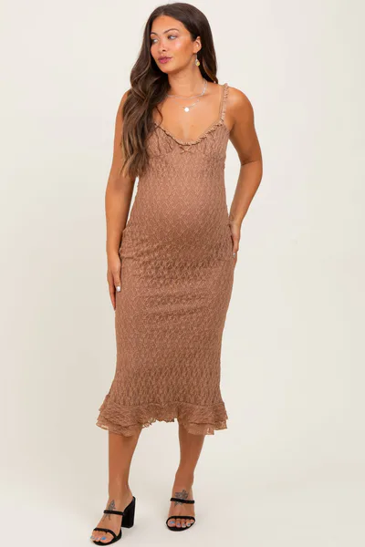 PinkBlush Mocha Lace Overlay Sweetheart Neckline Maternity Midi Dress
