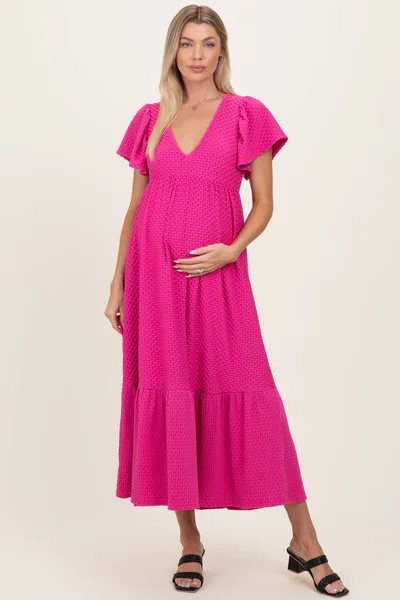 PinkBlush Fuchsia Textured Ruffle Hem Maternity Maxi Dress