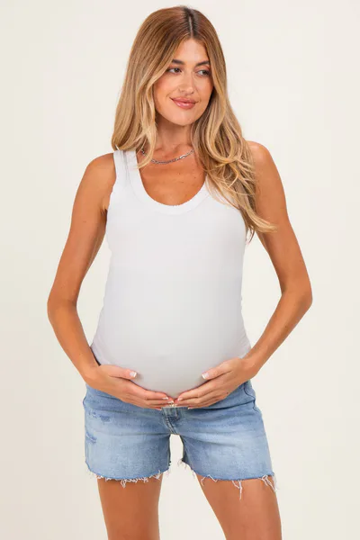 PinkBlush Light Blue Distressed Raw Hem Maternity Denim Shorts