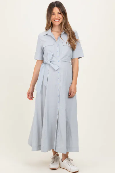 PinkBlush Light Blue Striped Cotton Button Down Maternity Maxi Dress