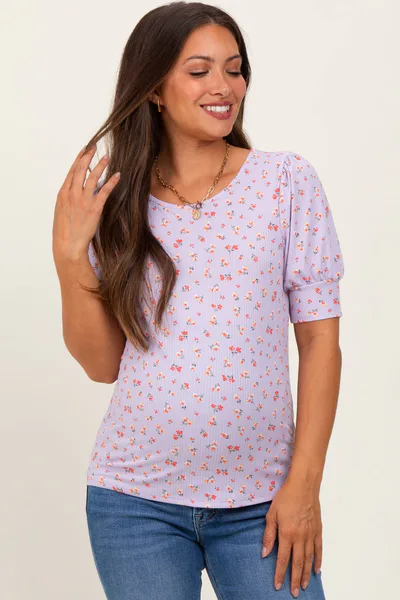 PinkBlush Lavender Floral Ribbed Puff Sleeve Maternity Top