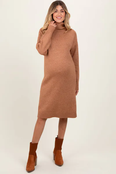 PinkBlush Camel Turtleneck Side Slit Maternity Midi Sweater Dress