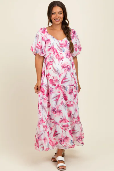 PinkBlush Pink Floral Chiffon Puff Sleeve Maternity Midi Dress