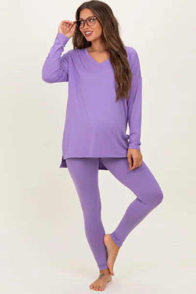 PinkBlush Lavender Brushed Knit Maternity Oversized Top and Legging Set