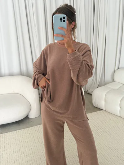 Worth Collective Naomi Thin Stripe Fleece Oversized Long Sleeve Top in Dusty Mauve Stripe - Bump Friendly