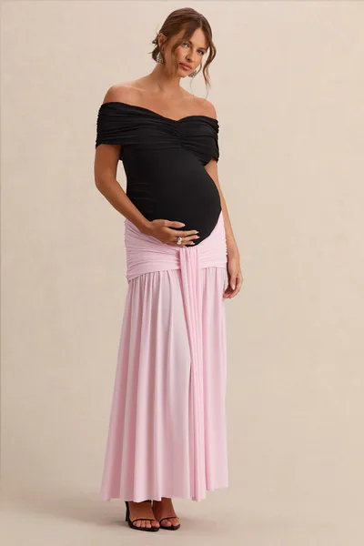 Club L London Eudora | Black & Light Pink Bardot-Neck Maternity Maxi Dress With Gathered Detailing