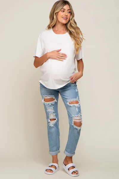 PinkBlush Light Blue Distressed Cuffed Maternity Skinny Jeans