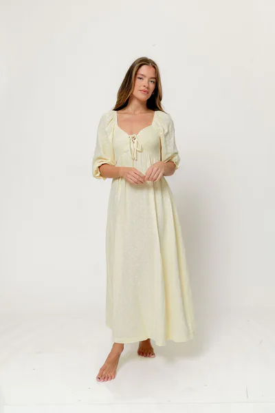Worth Collective Cecilia 100% Cotton Smocked Maxi Dress in Custard Foliage - Bump Friendly
