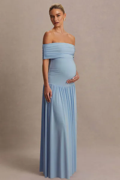 Club L London Juliette | Powder Blue Bardot-Neck Maternity Maxi Dress With Drop-Waist