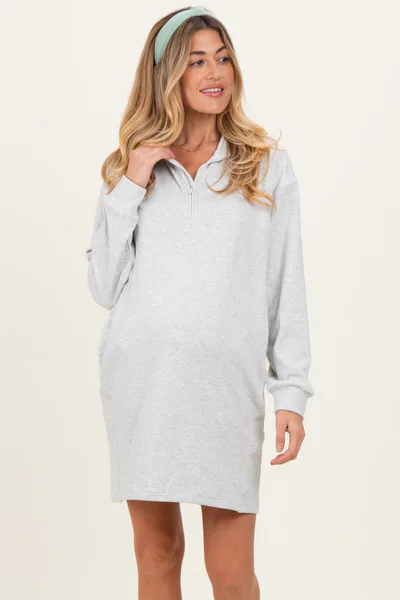 PinkBlush Heather Grey Brushed Quarter Zip Jersey Lounge Maternity Sweatshirt Dress