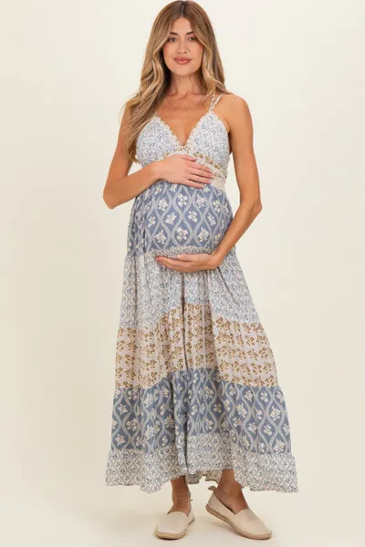 PinkBlush Vintage Blue Mixed Floral Lace Trim Maternity Maxi Dress