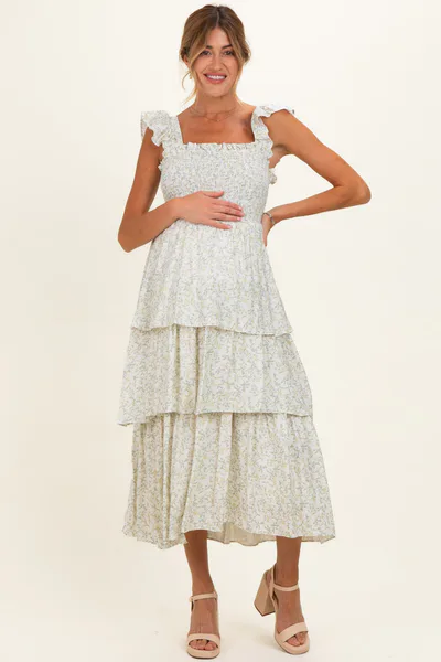PinkBlush Ivory Floral Smocked Flowy Tier Maternity Midi Dress