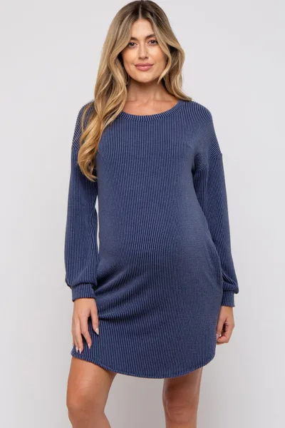 PinkBlush Navy Rib Knit Long Sleeve Maternity Dress