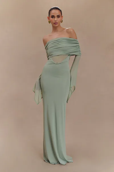 MESHKI Kaitlin One Shoulder Slinky And Mesh Maxi Dress - Basil
