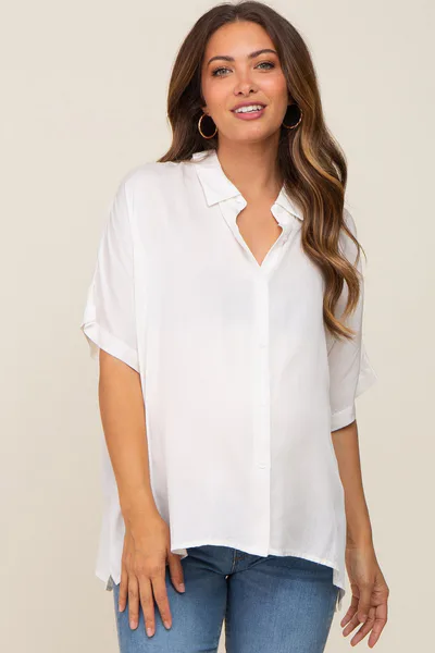 PinkBlush White Button Up Dolman Short Sleeve Maternity Top