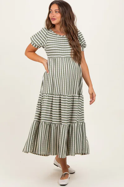 PinkBlush Dusty Olive/ Cream Striped Short Sleeve Tiered Maternity Maxi Dress