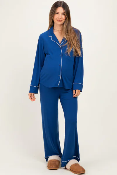 PinkBlush Light Navy Button Down Top Wide Leg Pant Maternity Pajama Set