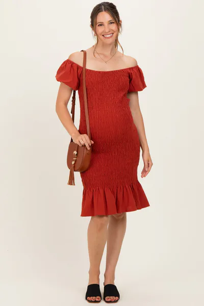 PinkBlush Rust Smocked Off Shoulder Ruffle Hem Maternity Dress